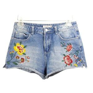 Blu Pepper Boho Colorful Floral Embroidered Denim Shorts Raw Edge Rolled Hem M
